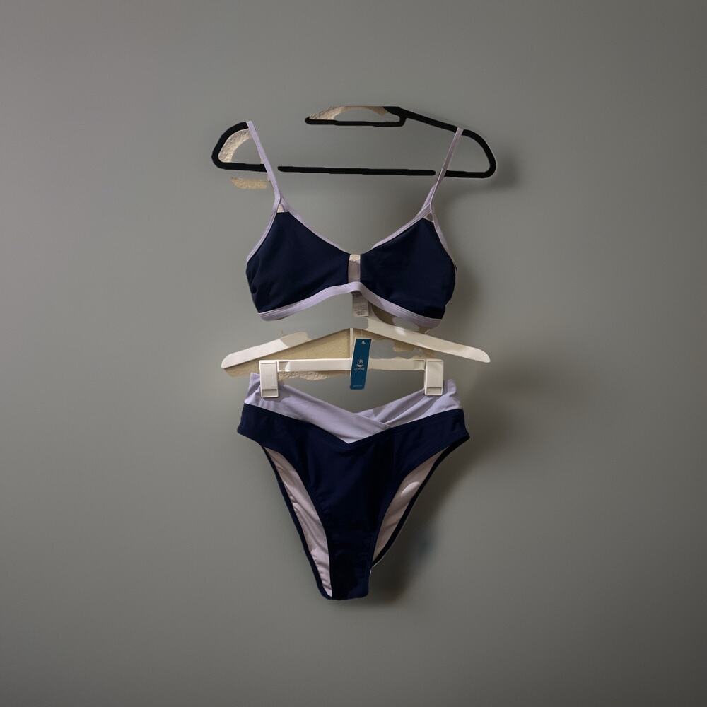 NWT!! Cupshe Women’s Bikini Set Color Block V-Neck Blue /Lavender Size Large